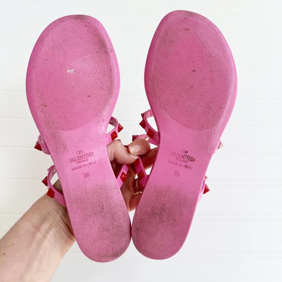 Valentino Rockstud Rubber Jelly Sandal Slip On Flat Pink Red Stud Shiny Slide 38 - Picture 7 of 7